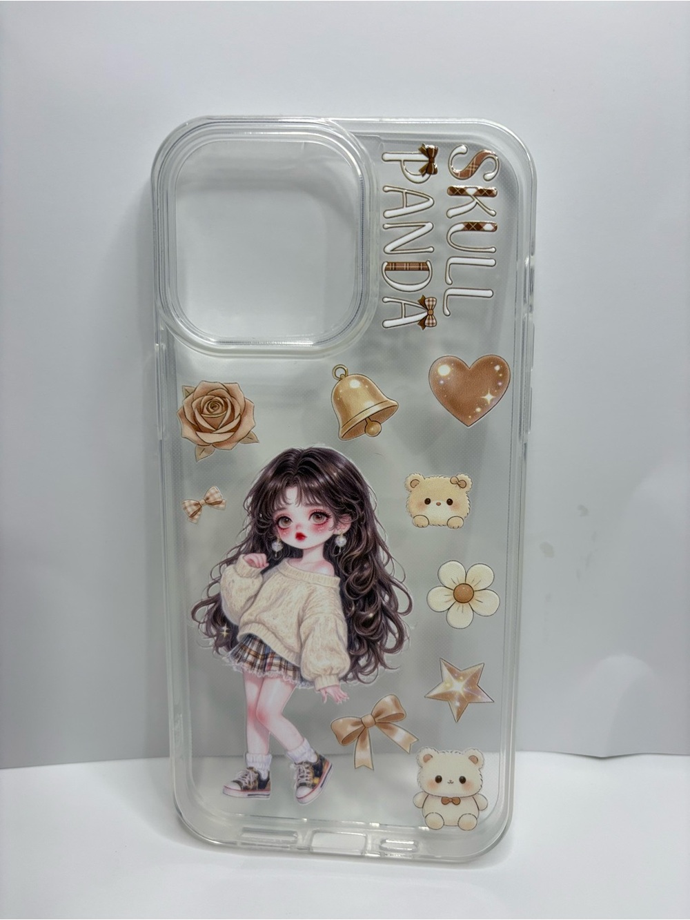 Cute iPhone 14 ProMax Kawaii Girl Clear Phone Case with Gold Accents Skull Panda